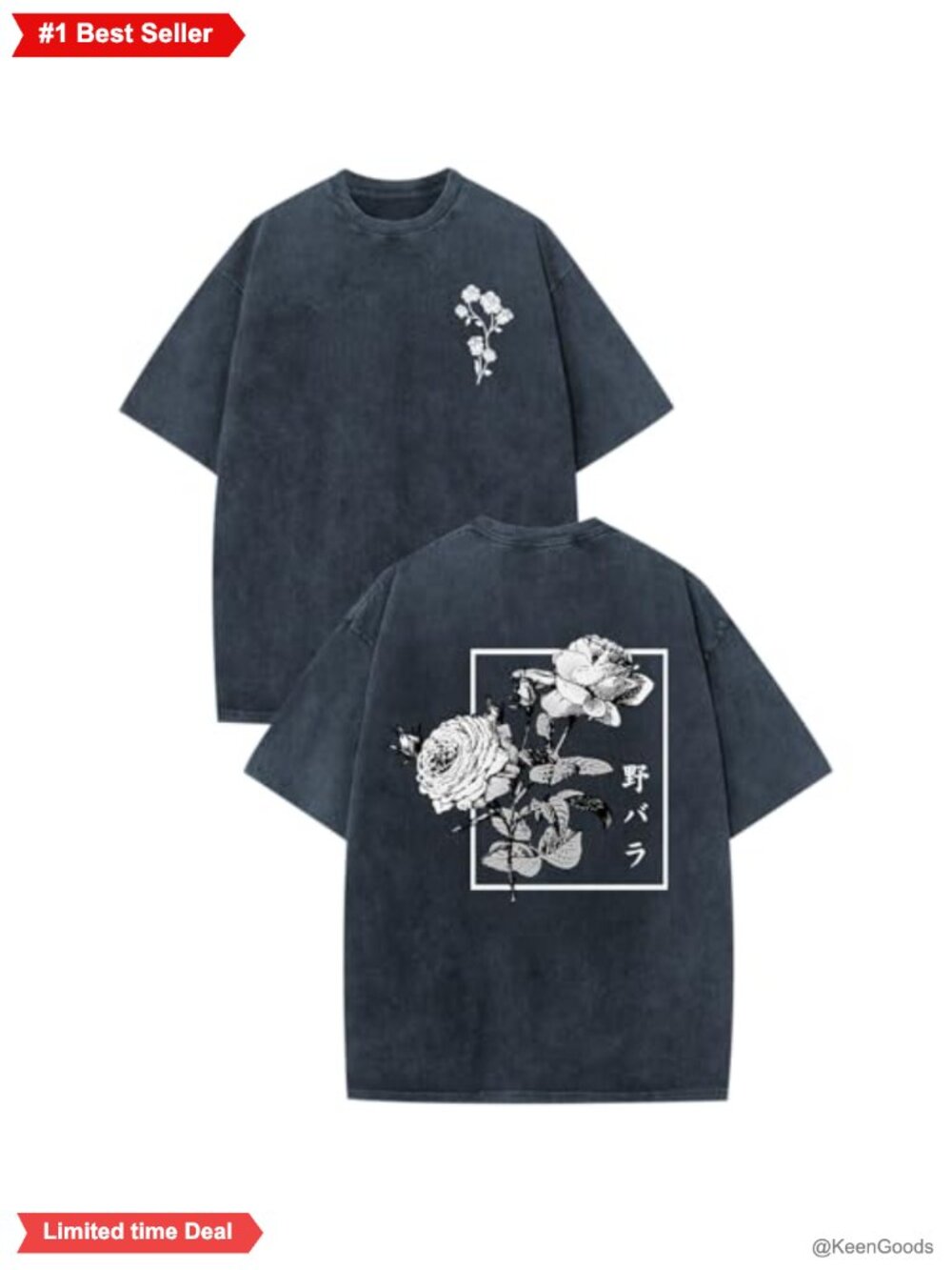 Japanese Graphic Tee Men Harajuku Rose Floral Acid Wash Oversized Vintage